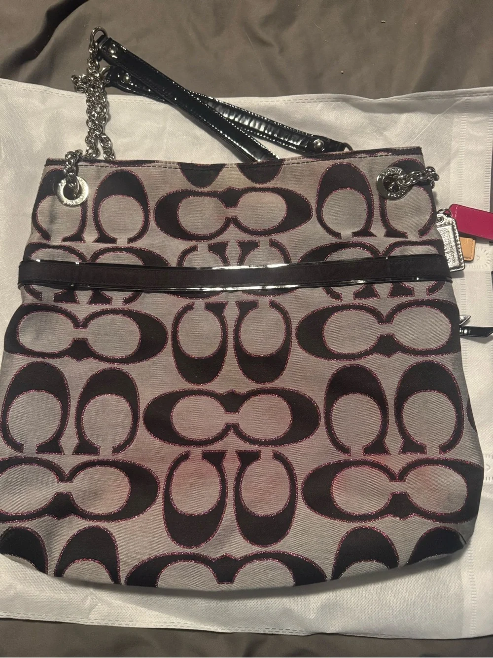 Coach Signature Jacquard Shoulder Bag in Gray with Black and Pink Accents